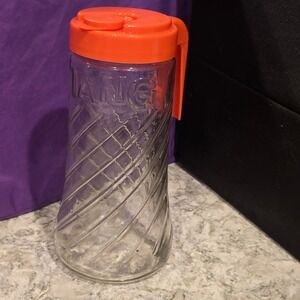 Vintage Tang Glass Pitcher Orange Lid Spiral Swirl Embossed Logo Juice Carafe